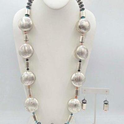 #315 • Handmade Native American Sterling Silver Navajo Pearl and Puff Bead Necklace and Earring Set, 149g
