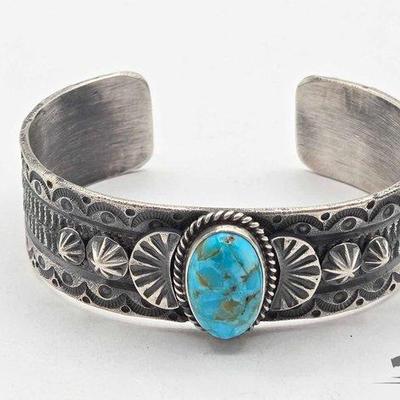 #495 • Native American Sterling Silver Turquoise Center Cuff, 41g
