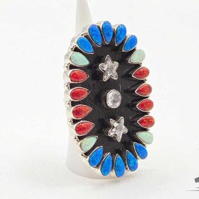 #340 • Sterling Silver Red White & Blue Patriotic Ring with Adjustable Band, 28g

