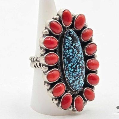 #355 • Handmade Native American Sterling Silver Coral & Turquoise Ring with Adjustable Band, 27g
