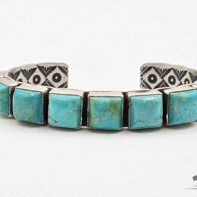 #350 • Handmade Native American Sterling Silver Square Stone Cuff, 36g
