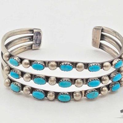 #430 • Handmade Native American Turquoise 3 Row Sterling Silver Cuff, 33g
