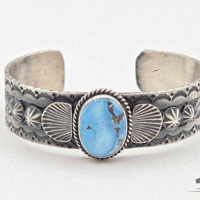 #547 • Handmade Native American Sterling Silver Turquoise Center Cuff, 45g
