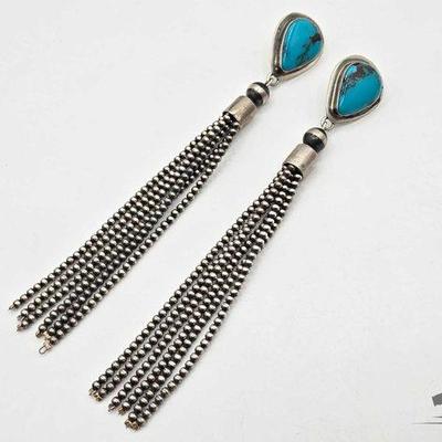 #420 • Handmade Native American Sterling Silver Turquoise Fringe Statement Earrings, 41g

