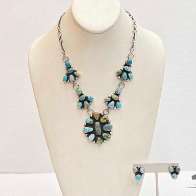 #275 • J.M. Native American Sterling Silver Turquoise Cluster Set, 74.74g
