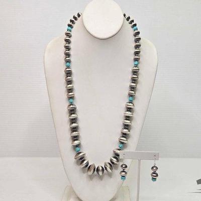#595 • Handmade Native American Sterling Silver Turquoise Navajo Pearl Set, 85.04g
