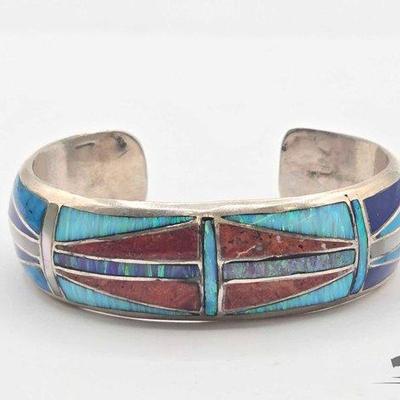 #472 • Handmade Native American Sterling Silver Multi-Stone Inlay Cuff, 60g
