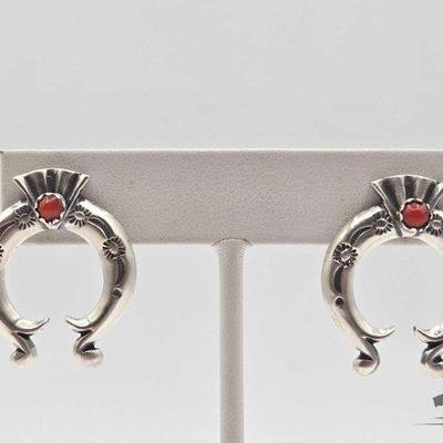 #460 • Handmade Native American Sterling Silver Naja Earrings with Coral Accent, 11g
