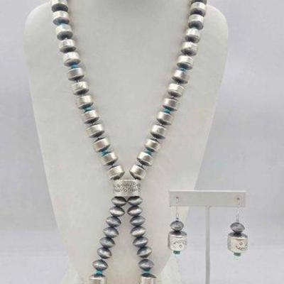 #320 • Native American Sterling Silver Bead Necklace and Earring Set, 179g
