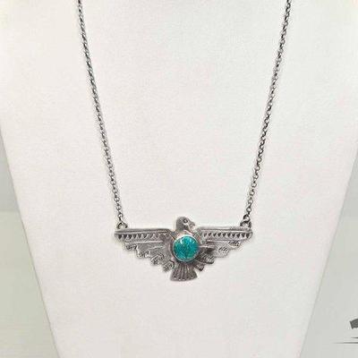 #635 • Handmade Native American Russell Sam Sterling Silver Turquoise Thunderbird Necklace, 22.48g
