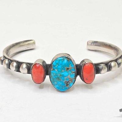 #297 • Chimney Butte Sterling Silver Turquoise and Coral Bracelet, 37.62g
