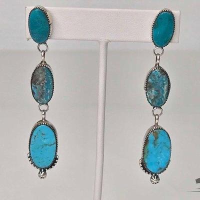 #630 • Handmade Sterling Silver Turquoise Dangling Earrings by Navajo Jacqueline Silver, 15.75g
