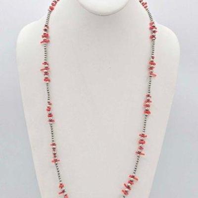 #500 • Native American Sterling Silver Coral Necklace, 20g
