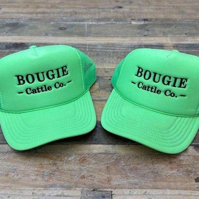 #1056 • (2) Bougie Cattle Company Bright Green Hats
