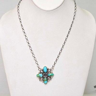 #600 • Handmade Native American Charles Johnson Sterling Silver Turquoise Necklace, 23.61g
