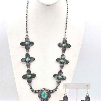 #300 • Native American Handmade Zia and Cow Skull Turquoise Sterling Silver Necklace & Earring Set
