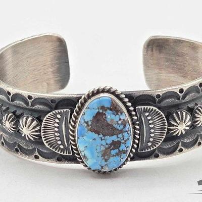 #470 • Handmade Native American Sterling Silver Turquoise Center Cuff, 47g
