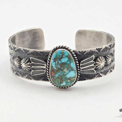 #412 • Native American Sterling Silver Turquoise Center Cuff, 46g

