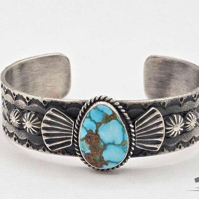 #587 • Handmade Native American Sterling Silver Turquoise Center Cuff, 44g
