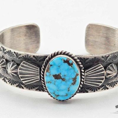 #525 • Handmade Native American Sterling Silver Turquoise Center Cuff, 44g
