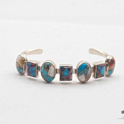 #312 • Handmade Native American Sterling Silver Turquoise and Spiney Oyster Cuff, 21.37g
