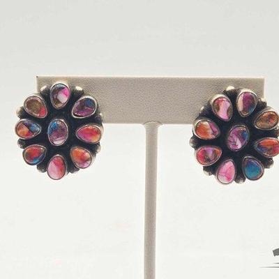 #272 • Handmade Native American Sterling Silver Spiny Oyster Cluster Earrings, 20.55g
