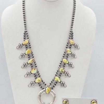 #360 • Handmade Native American Palomino Turquoise Sterling Silver Squash Blossom Set, 86g
