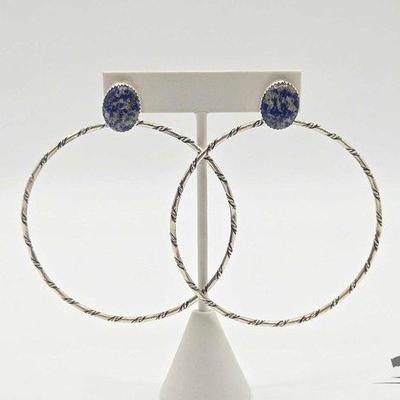 #452 • Handmade Native American Sterling Silver Hoop Earrings with Lapis Accent, 18.69g
