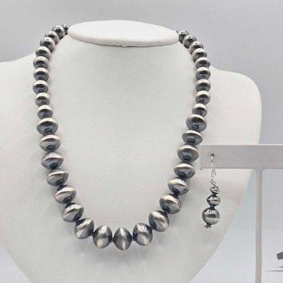 #505 • Handmade Native American Sterling Silver Navajo Bead Necklace and Earring Set, 47g
