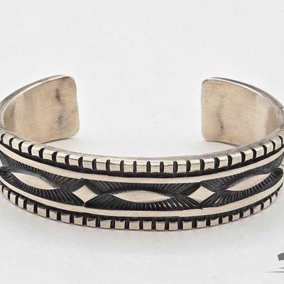 #375 • Large Handmade Native American Sterling Silver Engraved Cuff, 87g
