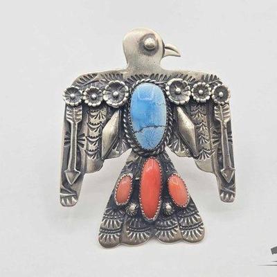 #234 • Handmade Sterling Silver Turquoise and Coral Thunderbird Ring, 51.35g
