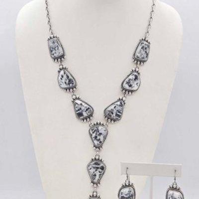 #310 • M. Spencer Native American White Buffalo Lariat Necklace and Earring Set, 119g
