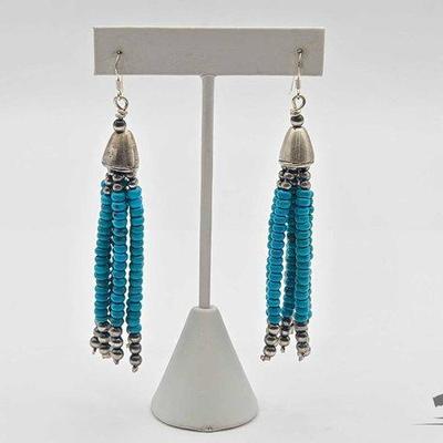 #437 • Handmade Native American Sterling Silver Turquoise Dangling Earrings, 27.08g
