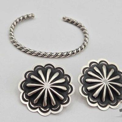 #515 • Handmade Native American Sterling Silver Earrings & Cuff, 25g
