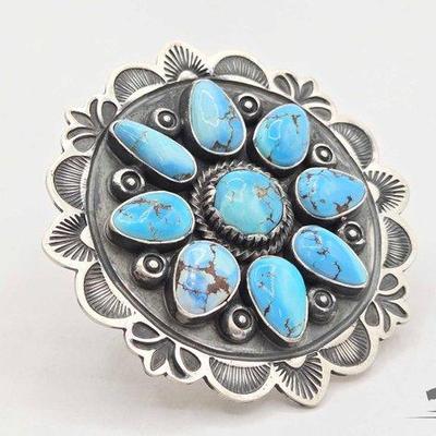 #395 • Handmade Native American Sterling Silver Turquoise Cluster Statement Ring with Adjustable Band, 55g
