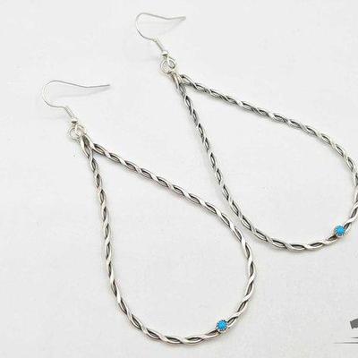 #490 • Handmade Native American Sterling Silver Twisted Hoop Earrings with Turquoise Accents, 6g
