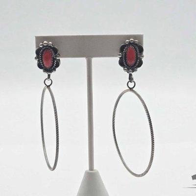 #552 • Handmade Native American Sterling Silver Hoop Earrings with Coral Accents, 14.56g
