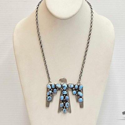 #260 • Russell Sam Handmade Thunderbird Sterling Silver Turquoise Necklace, 68.44g
