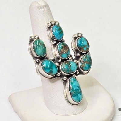 #625 • Handmade Native American Omer Thompson Sterling Silver Turquoise Cactus Ring , 23.80g
