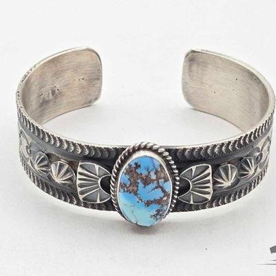 #560 • Handmade Native American Sterling Silver Turquoise Center Cuff, 44g

