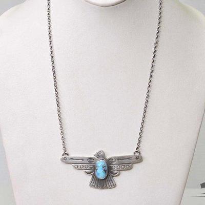 #645 • Handmade Native American Russell Sam Sterling Silver Turquoise Thunderbird Necklace, 23.79g
