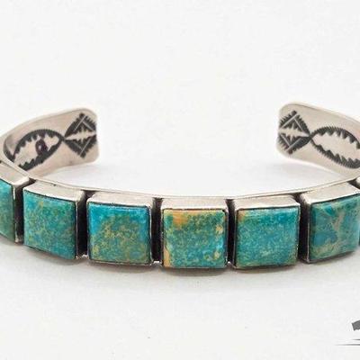 #365 • Leroy JamesHandmade Native American Sterling Silver Square Stone Cuff, 34g
