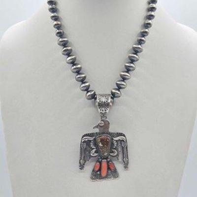 #220 • Handmade Native American Sterling Silver Thunderbird Pendent with Navajo Pearl Necklace, 93.07g
