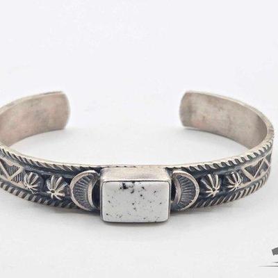#462 • Handmade Native American Sterling Silver White Buffalo Cuff, 36.16g
