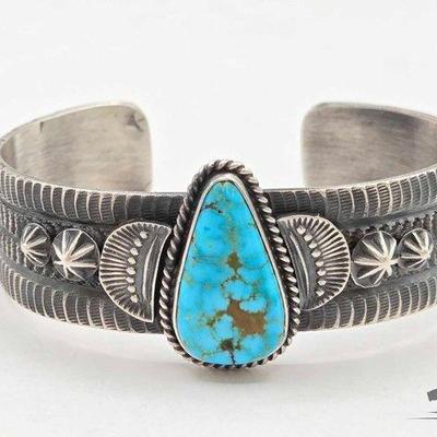 #380 • Handmade Native American Sterling Silver Turquoise Center Cuff, 45g
