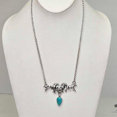 #640 • Handmade Native American Running Horses Turquoise Sterling Silver Necklace, 19.35g
