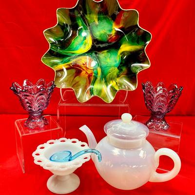 Fenton Violet Draped 2-Way Candle Holder/Dish, Opaline Glass Teapot & More
