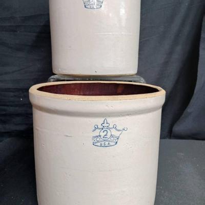 Pair Of Vintage Ransbottom Style Blue Crown 2 Gallon Crocks