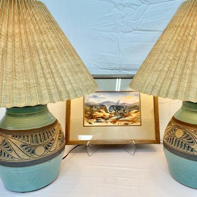 Nick Blaisdell Hand Carved Stoneware Lamps & Maureen Lonz Painting 