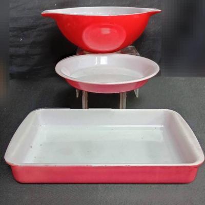 Pyrex "Red Primary Colors" Mixing Bowl W/ "Flamingo Pink" Pie & Baking Dishes